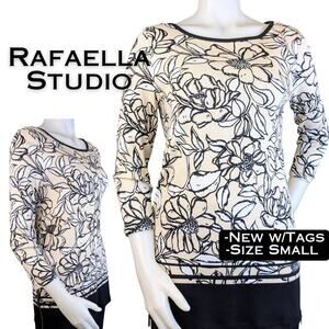 Rafaella Studio Tunic Top Small Black Cream Beige Floral Cotton Zip Side NEW